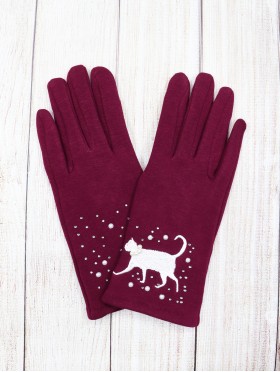 Cat Print Touch Screen Glove W/ Rhinestone & Pearls